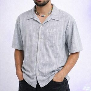 Vintage YMLA Gray Pattern Club Rave Shirt Mens‎ Large Y2K Retro USA